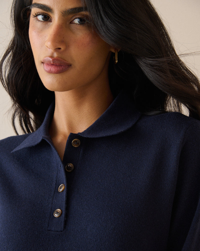 Navy Knitted Polo Top