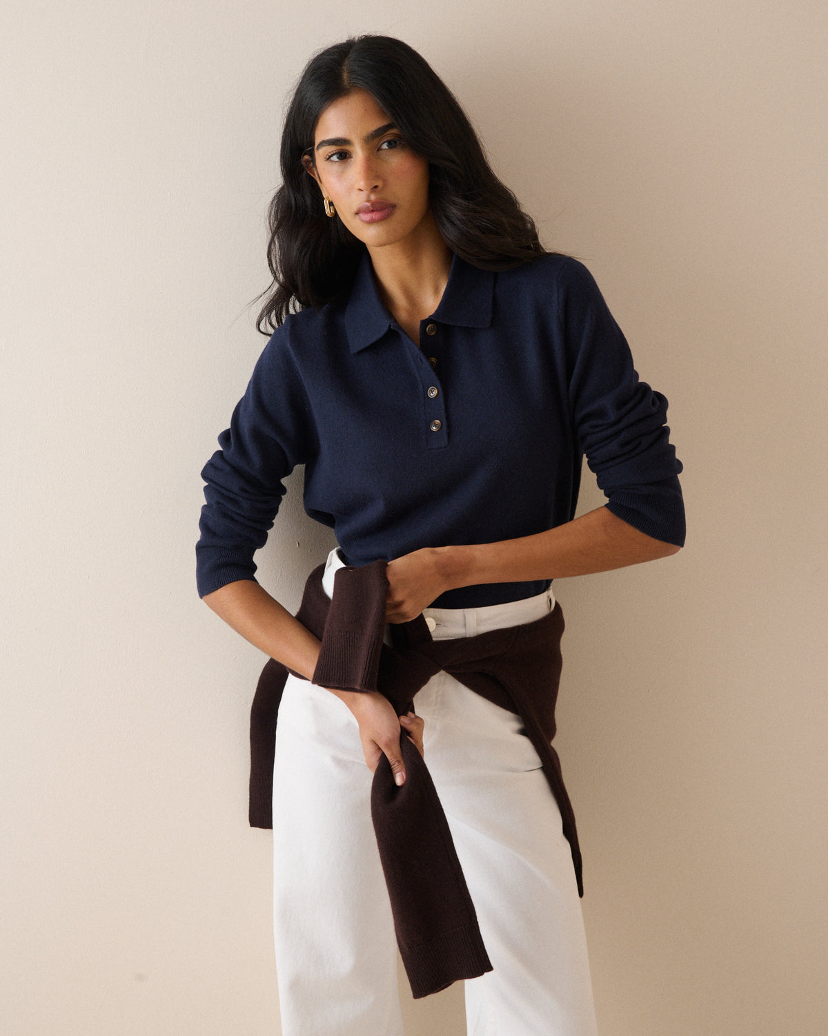 Navy Knitted Polo Top
