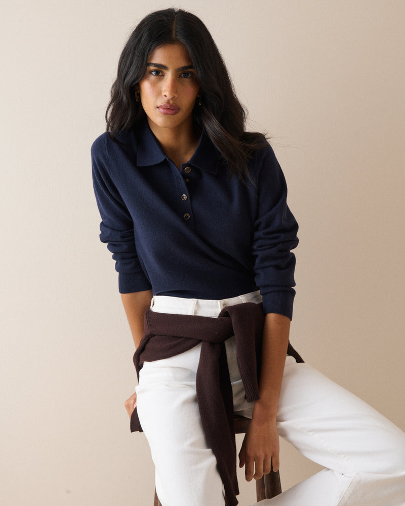 Navy Knitted Polo Top