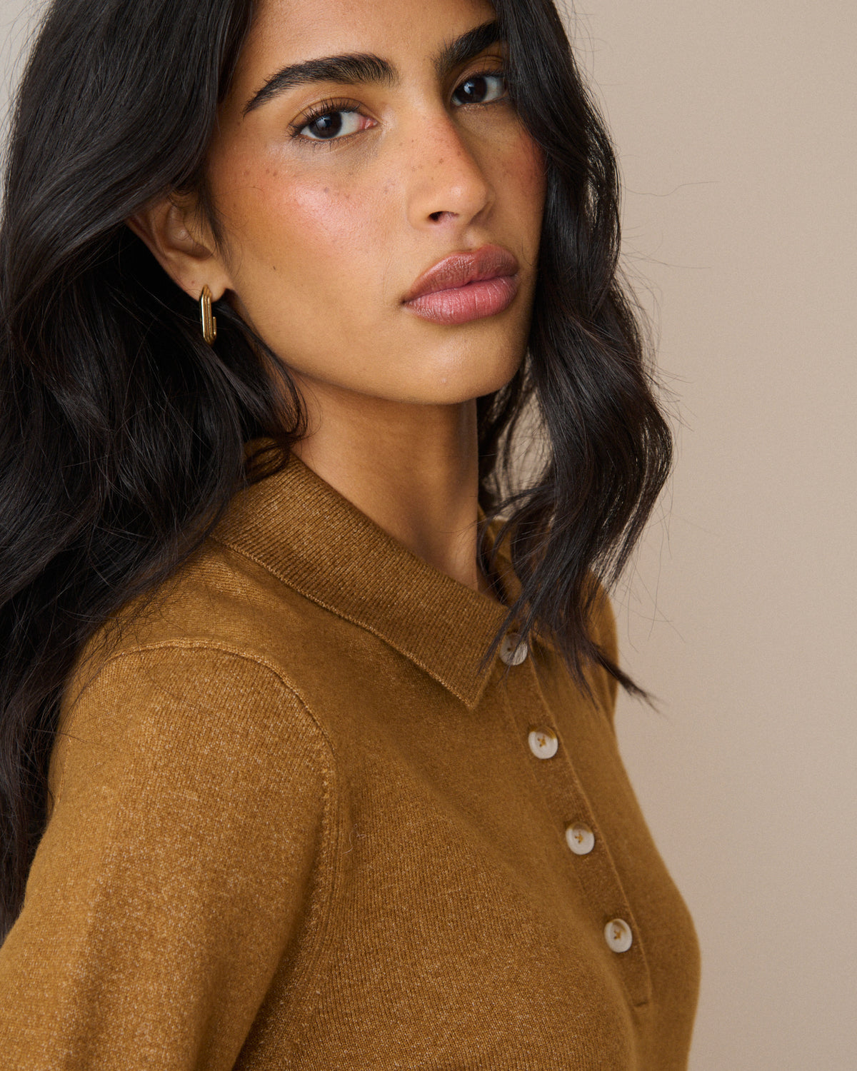 Camel Knitted Polo Top