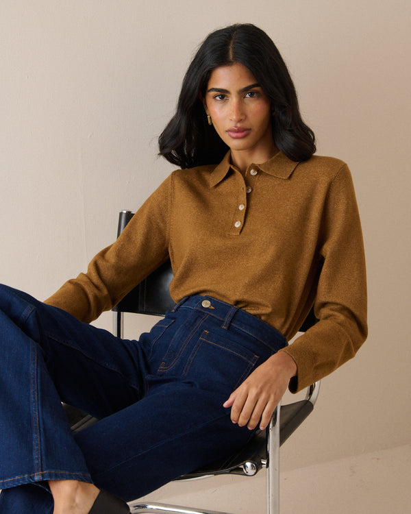 Camel knitted polo top with long sleeves