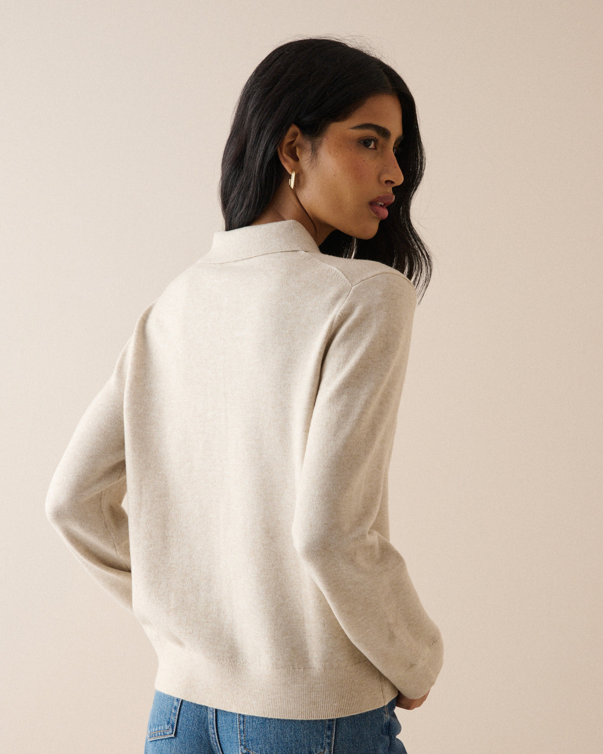 Cream Marl Knitted Polo Top