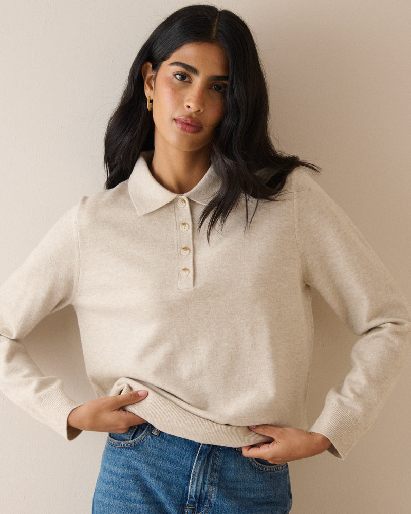 Cream Marl Knitted Polo Top