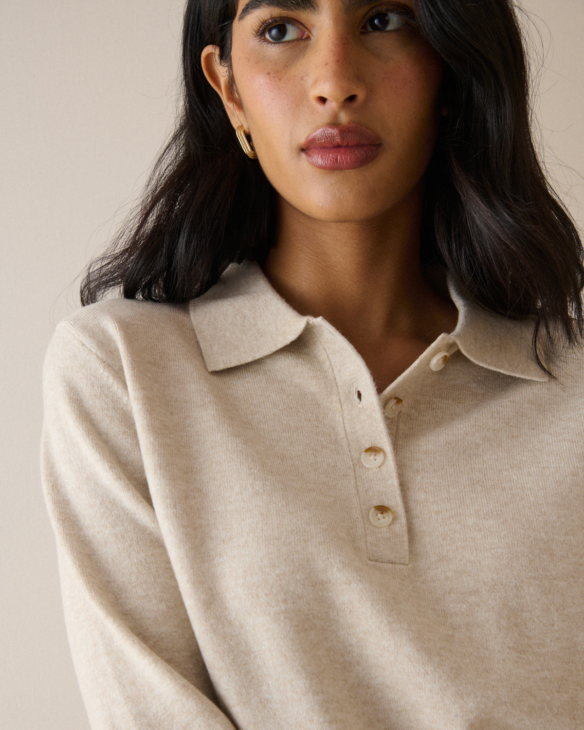 Cream Marl Knitted Polo Top