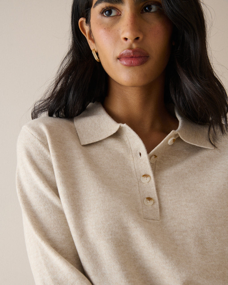 Cream Marl Knitted Polo Top