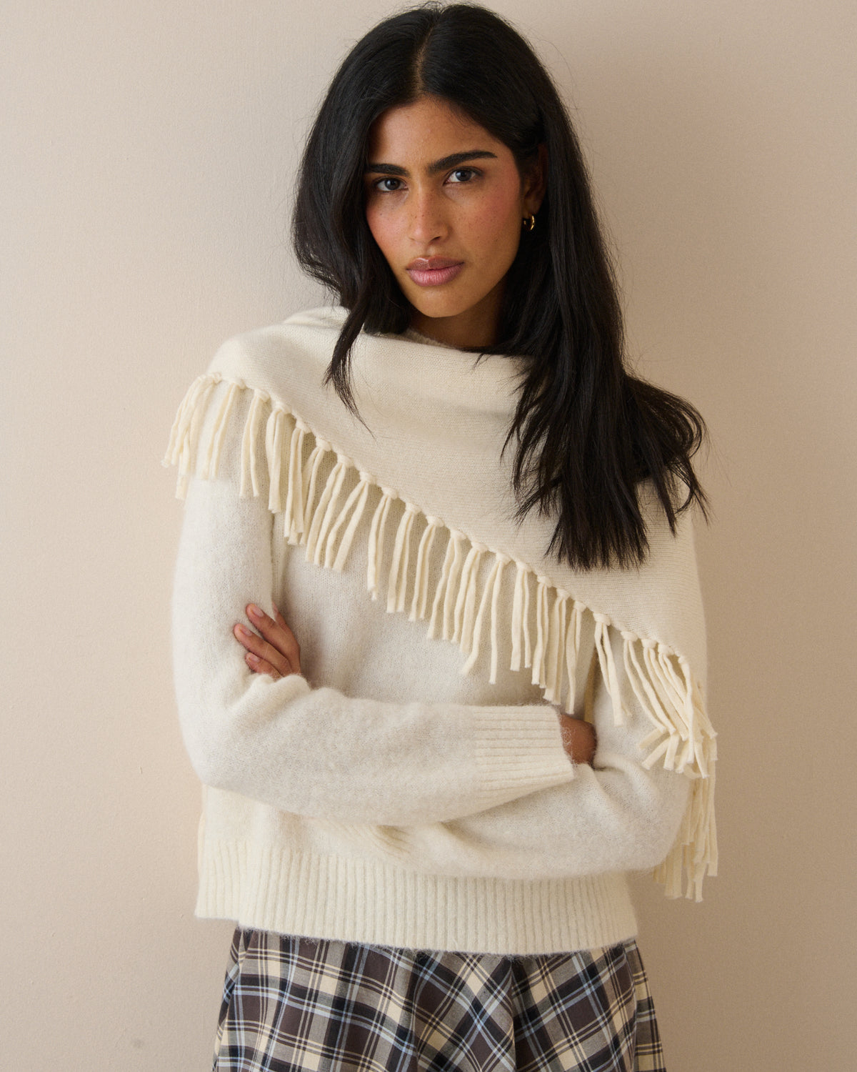 Cream Fringe Wool-Blend Triangle Scarf