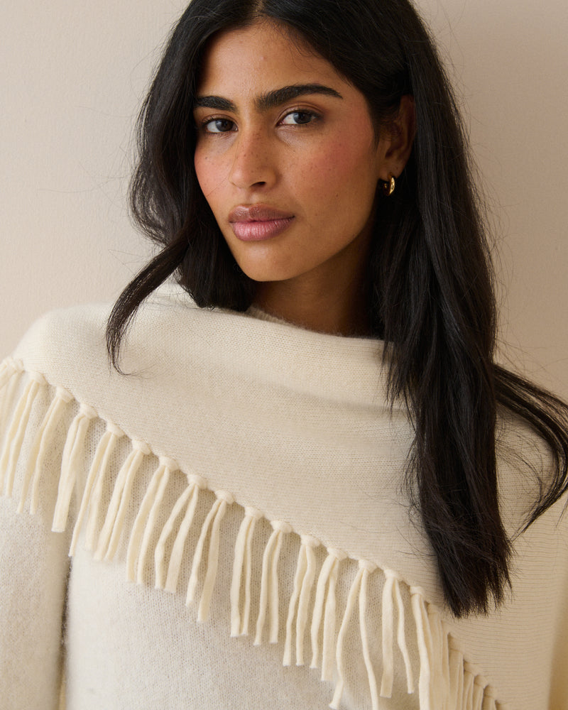 Cream Fringe Wool-Blend Triangle Scarf