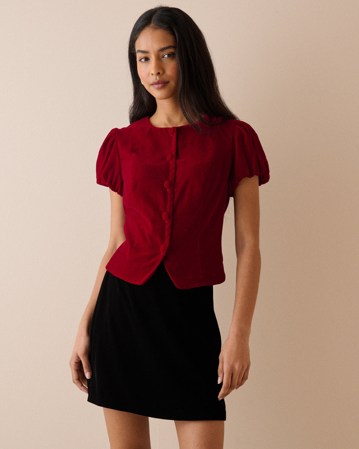 Red Velvet Puff Sleeve Lorna Velvet Top