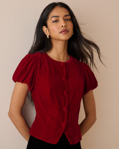 Red Velvet Puff Sleeve Lorna Velvet Top