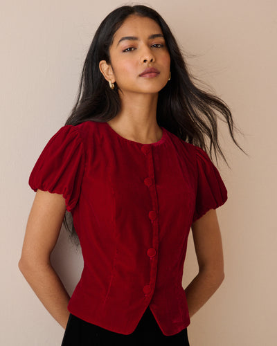 Red Velvet Puff Sleeve Lorna Velvet Top