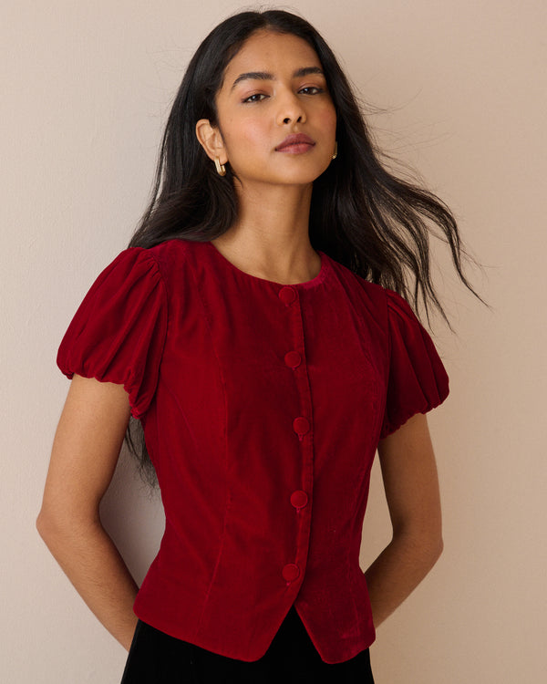 Red Velvet Puff Sleeve Lorna Velvet Top