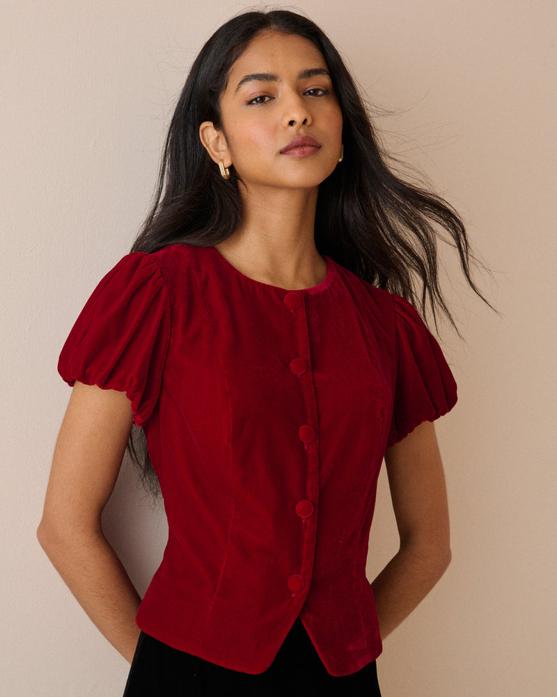 Red Velvet Puff Sleeve Lorna Velvet Top