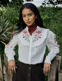 Cream embroidered blouse with ruffled collar