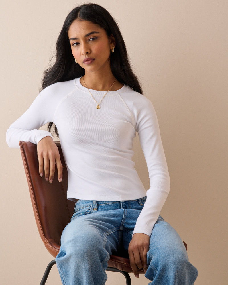 White Raglan Sleeve Ribbed Top