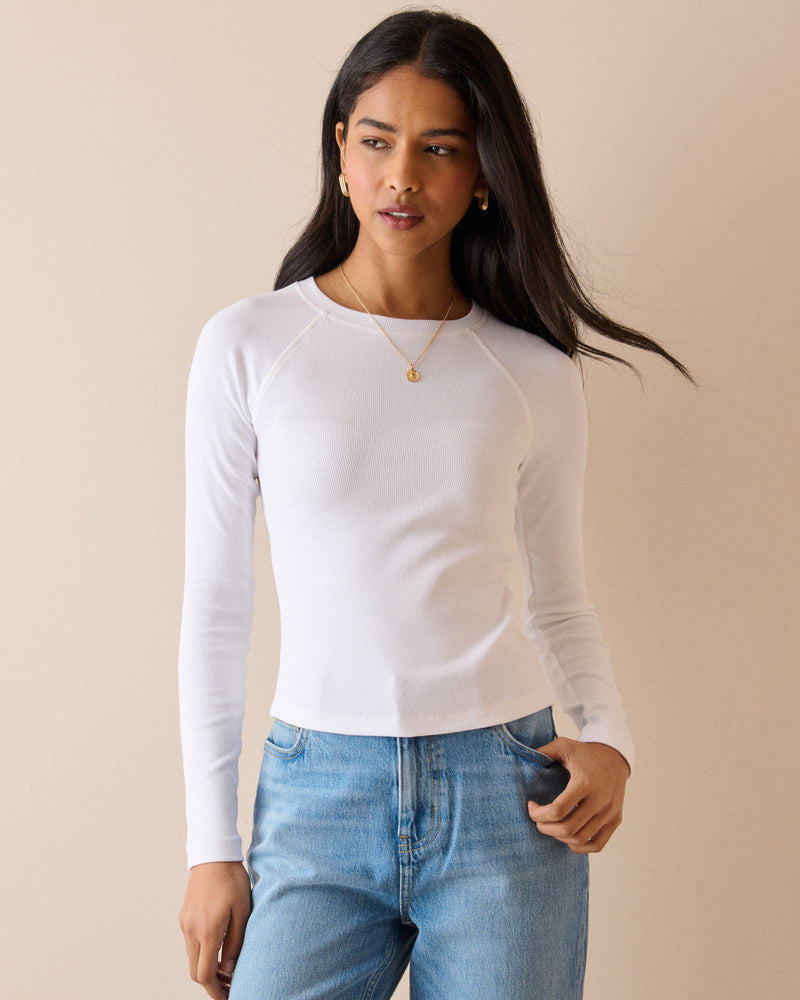 White Raglan Sleeve Ribbed Top