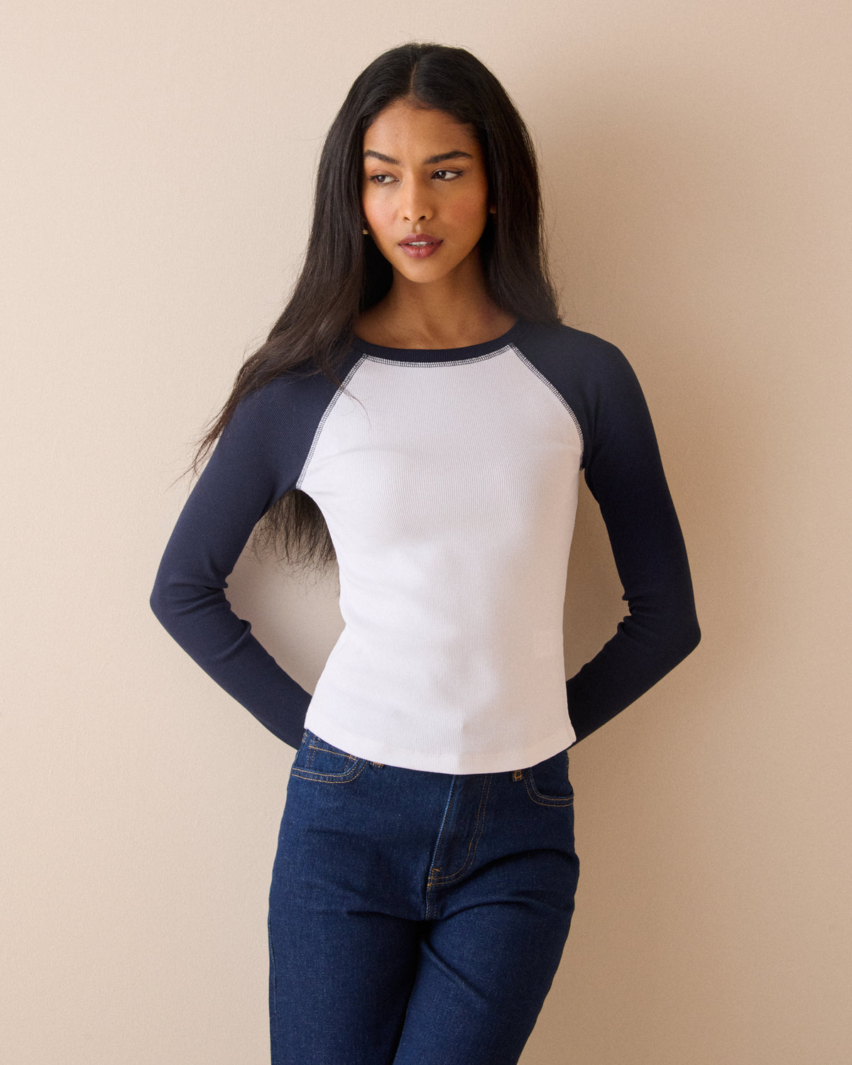 Navy and White Raglan Sleeve Ribbed Top
