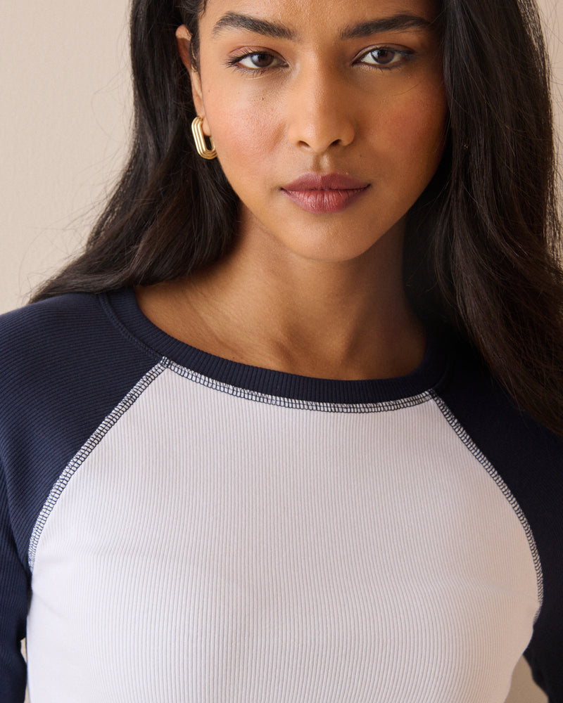 Navy and White Raglan Sleeve Ribbed Top