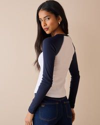 Navy and White Raglan Sleeve Ribbed Top