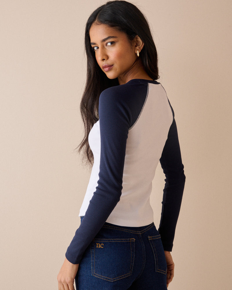 Navy and White Raglan Sleeve Ribbed Top