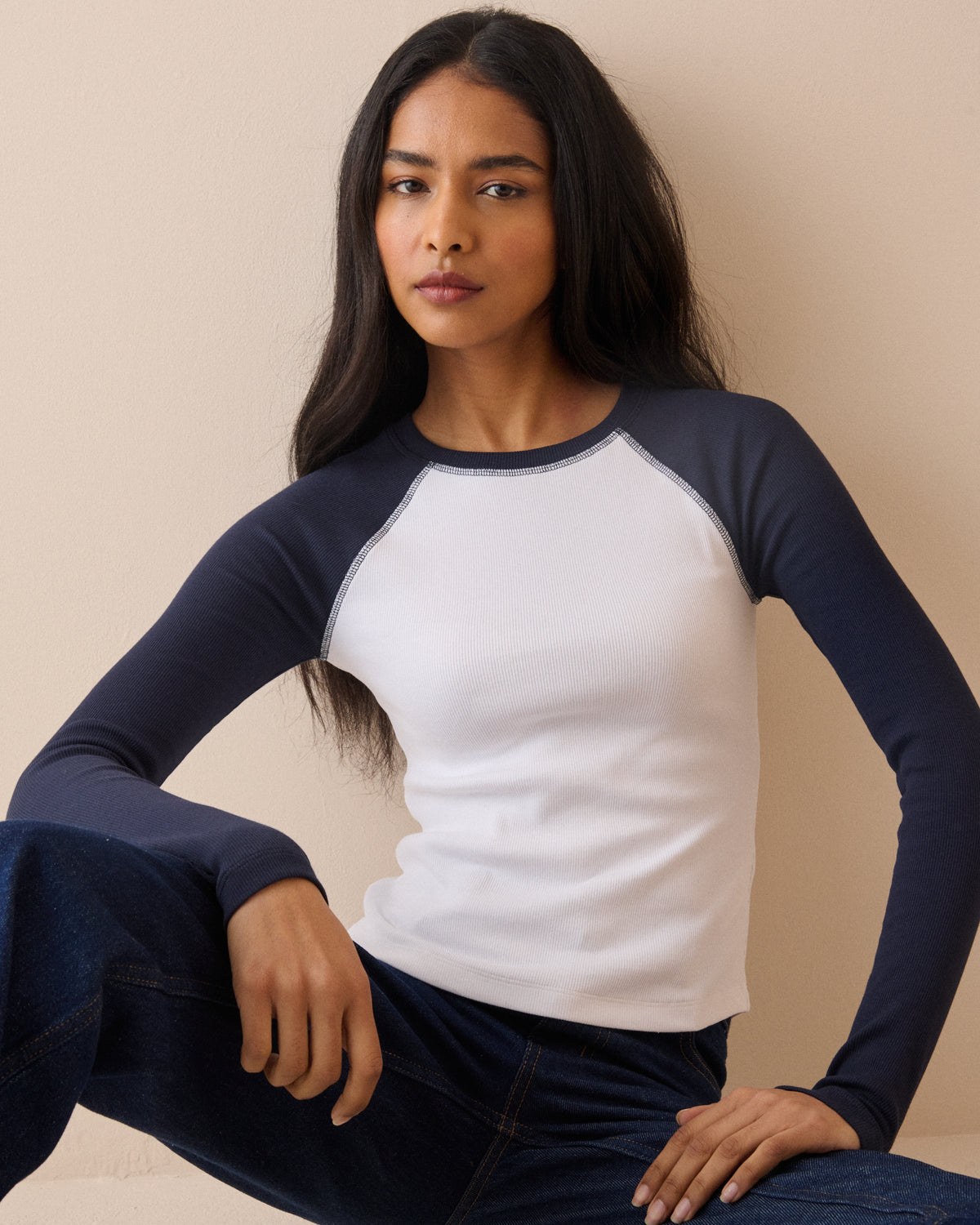 Navy and White Raglan Sleeve Ribbed Top
