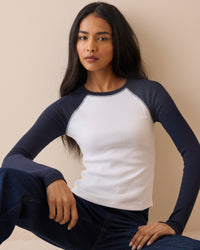 Navy and White Raglan Sleeve Ribbed Top