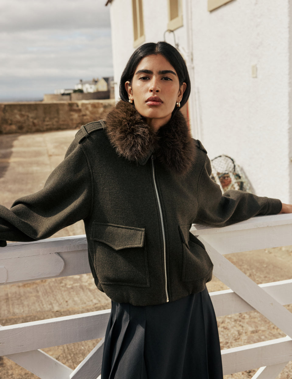 Khaki bomber jacket with fur collar