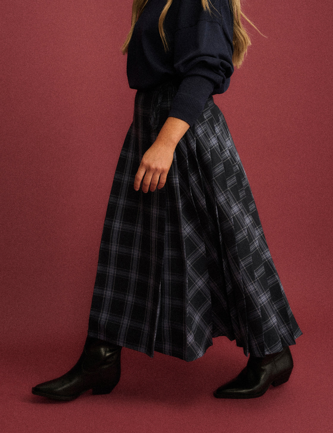 Navy Tartan Pleated Midi Skirt