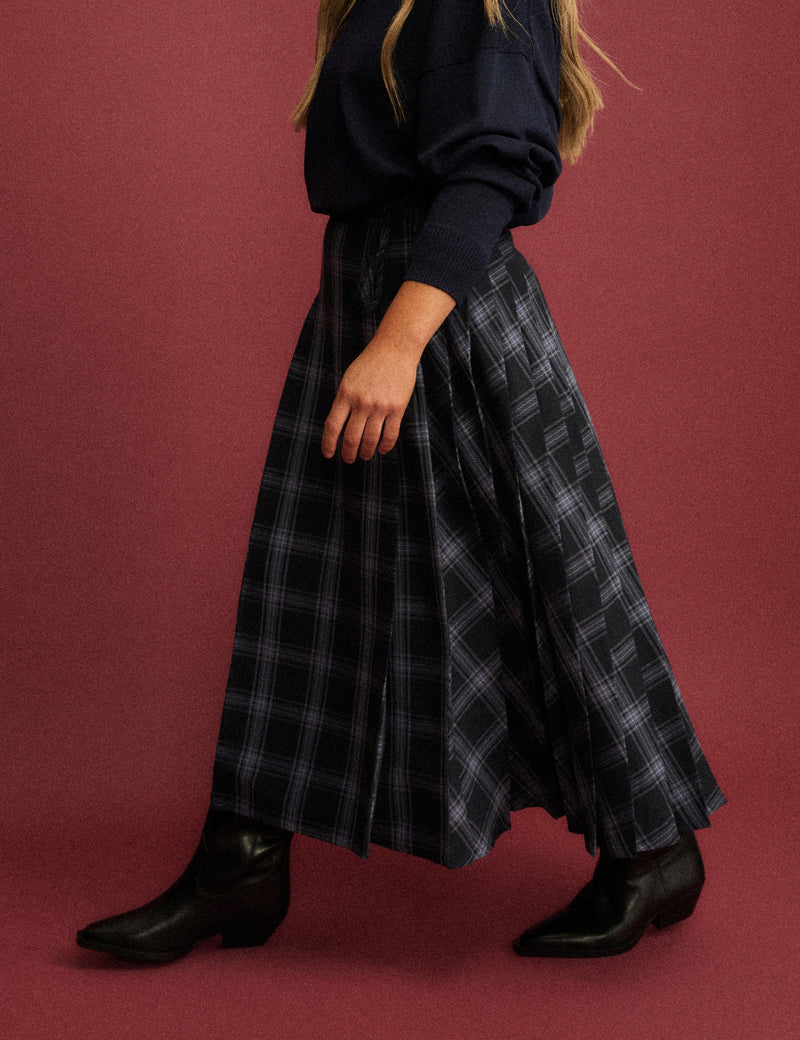 Navy Tartan Pleated Midi Skirt