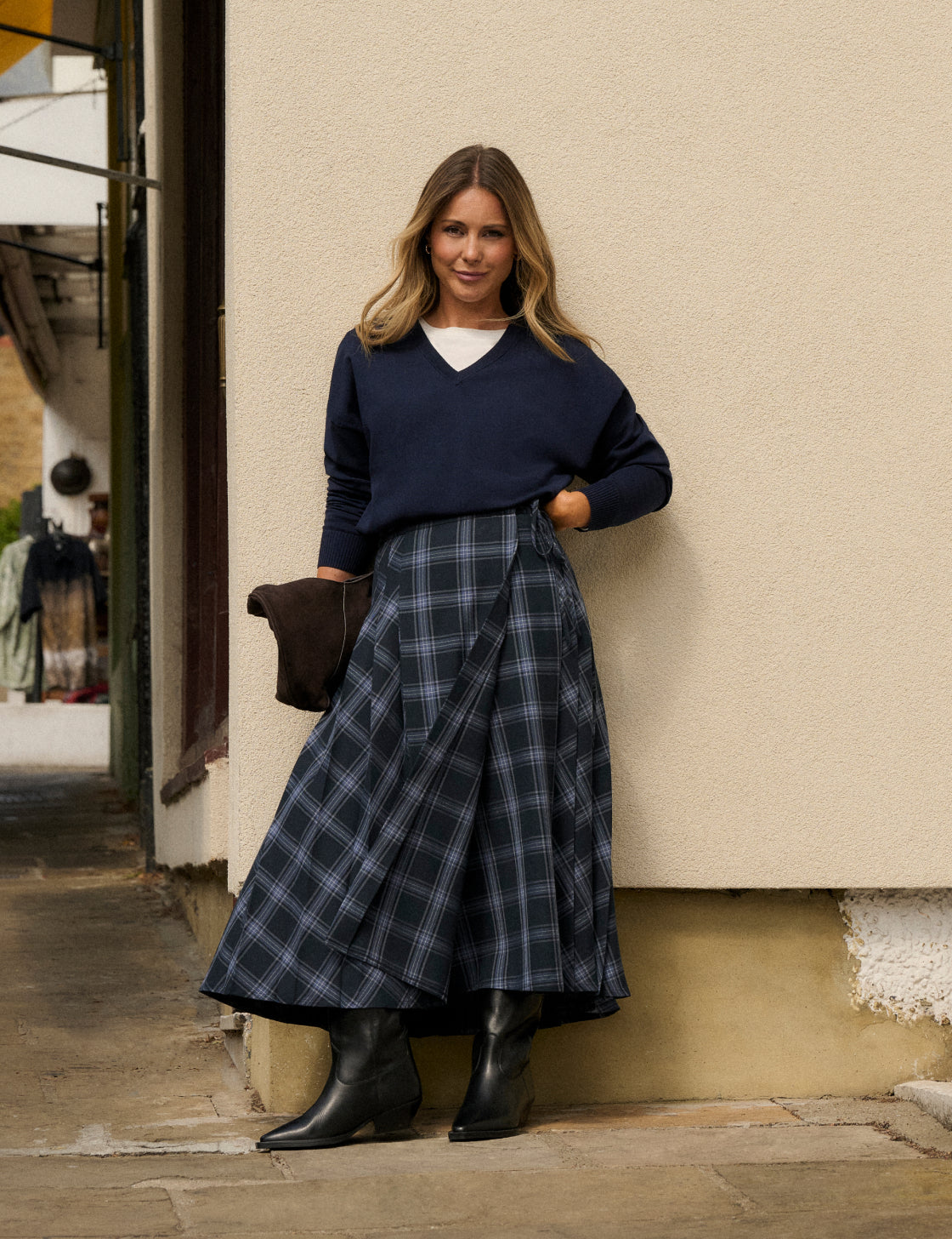Navy Tartan Pleated Midi Skirt