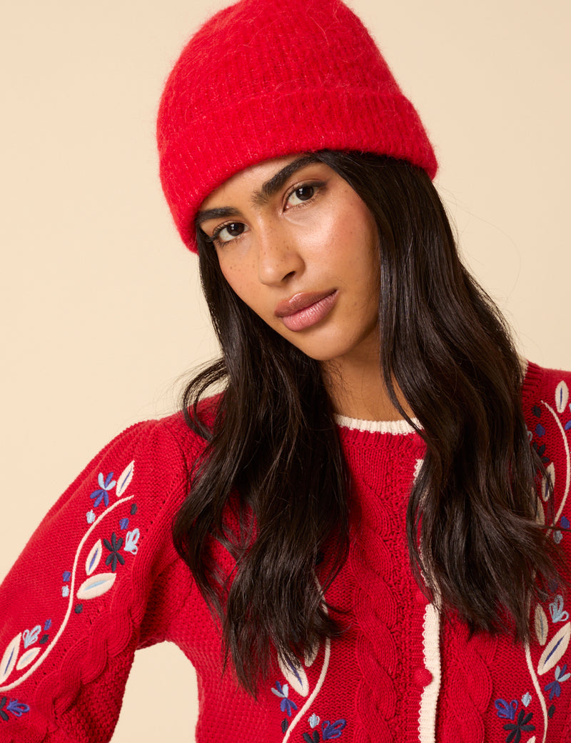 Red Ribbed Beanie