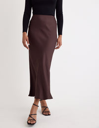 Brown Satin Mila Midi Slip Skirt