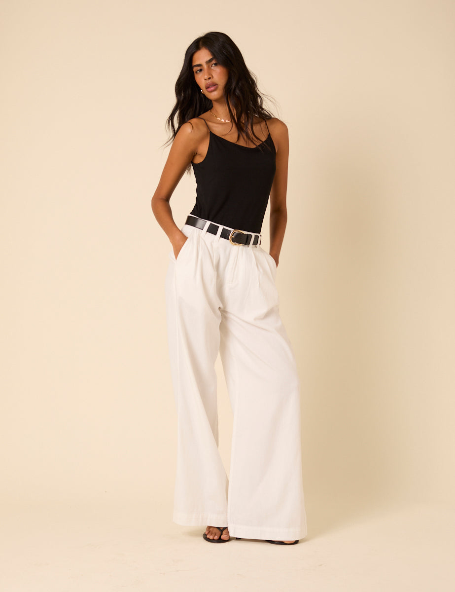 White Double Pleated Wide Leg Ava Trousers - Main Image
