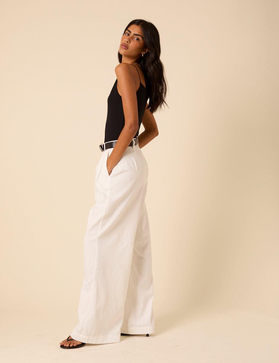 White Double Pleated Wide Leg Ava Trousers - Main Image