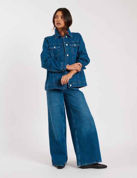 Mid Wash Palazzo Wide Leg Jeans - Main Image