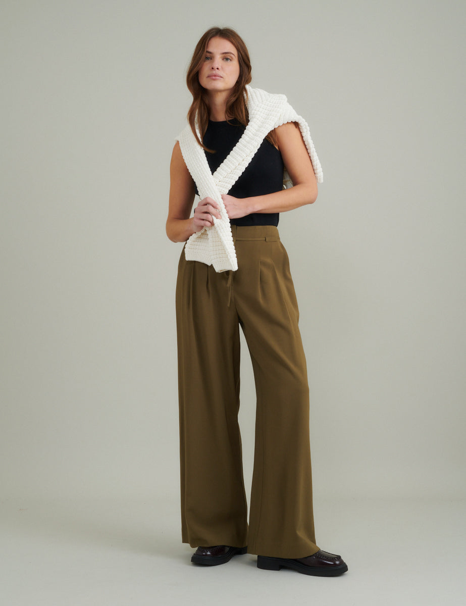 Wide Leg Pants Green Khaki Trousers Womens Green Tie Waist