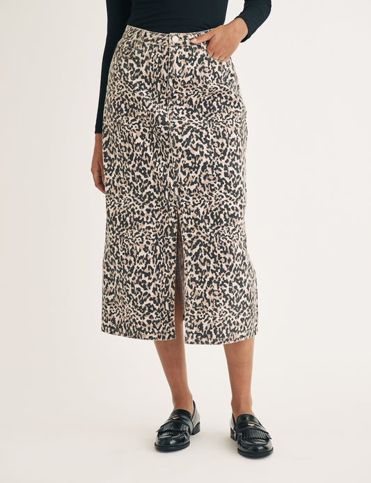 Image of Leopard Print Denim Column Midi Skirt