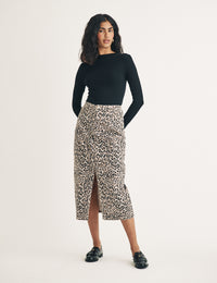 Leopard Print Denim Column Midi Skirt