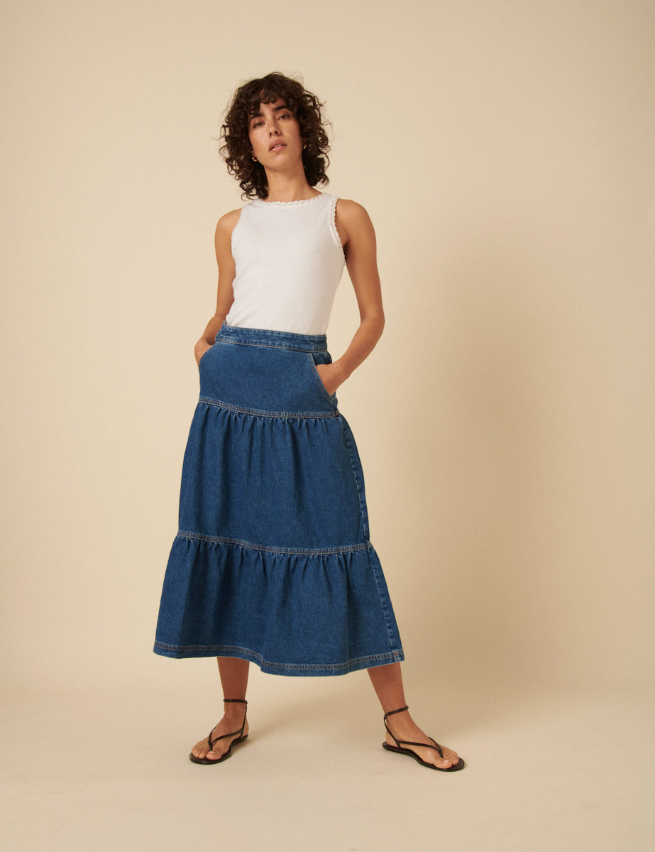Long Tiered Denim Skirt Denim Maxi Skirt Women, Tiered Denim Maxi