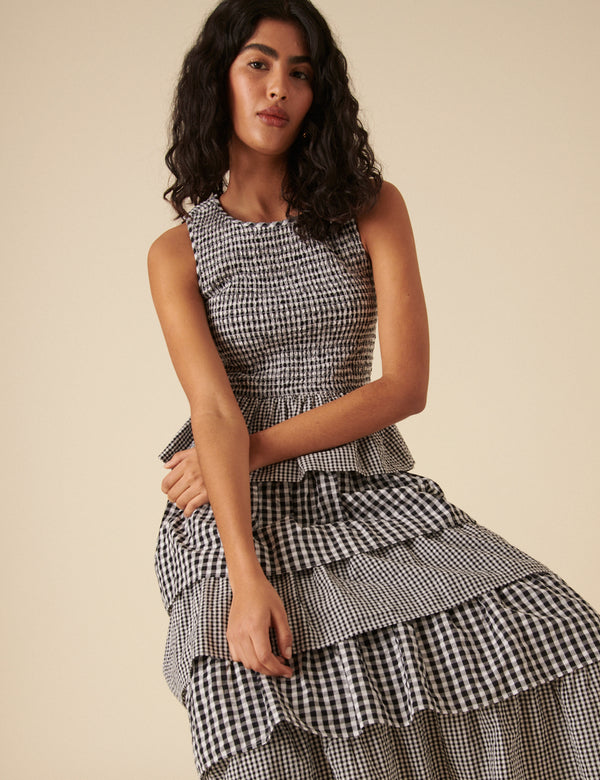 Black Gingham Tiered Midi Skirt