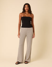 Black And Cream Striped Textured Wide Leg Trousers