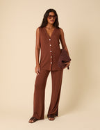Brown Textured Wide Leg Trousers