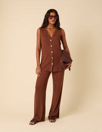 Brown Textured Wide Leg Trousers