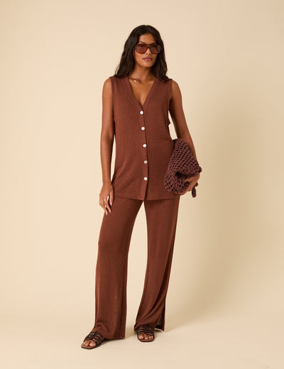 Brown Textured Wide Leg Trousers