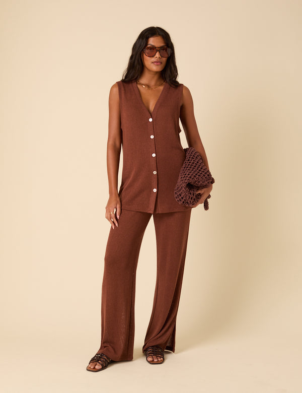 Brown Textured Wide Leg Trousers