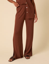Brown Textured Wide Leg Trousers