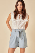 Light Denim Tie Front Shorts
