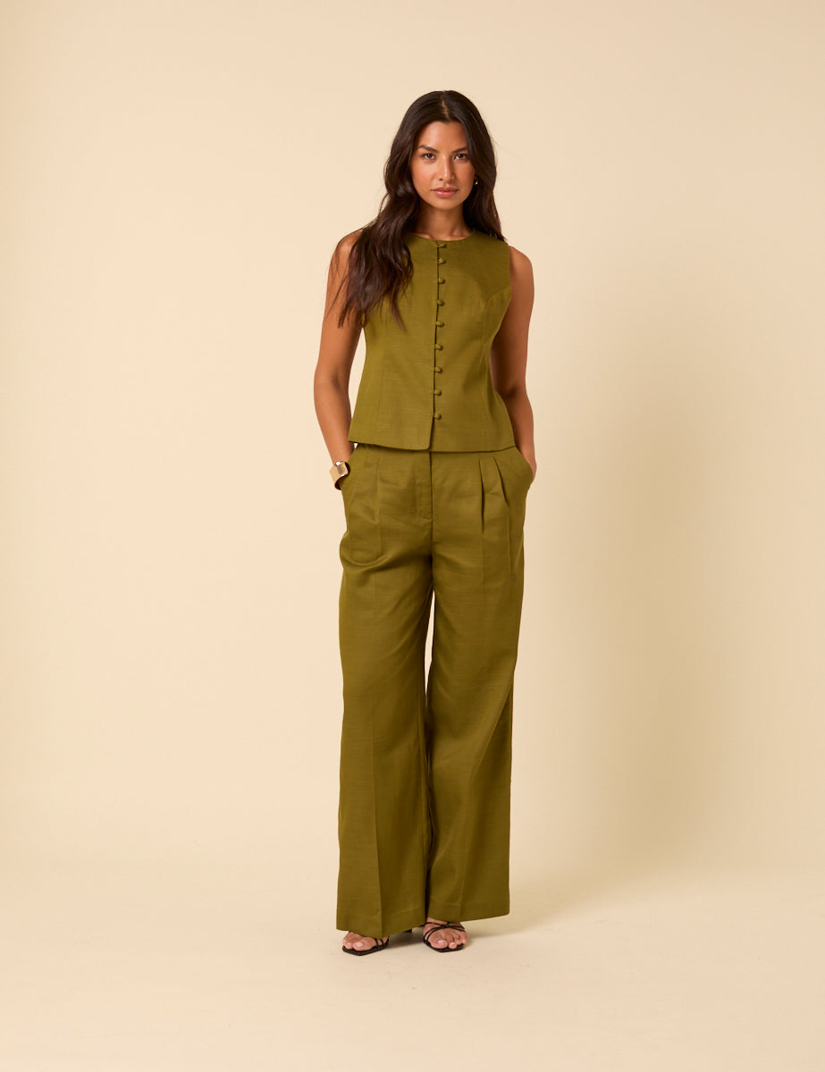 Green Tailored Wide Leg Trousers