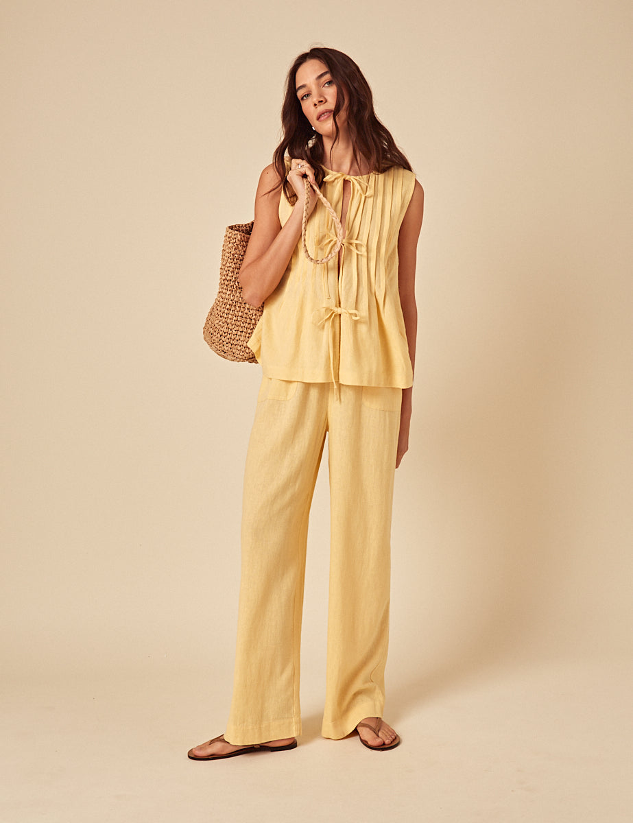 Butter Yellow Linen-Blend Shona Trousers