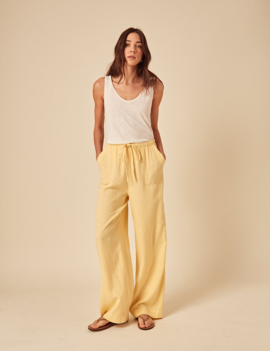 Butter Yellow Linen-Blend Shona Trousers
