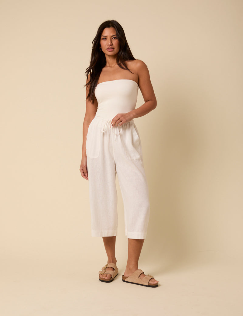 White Cropped Wide Leg Linen-Blend Shona Trousers